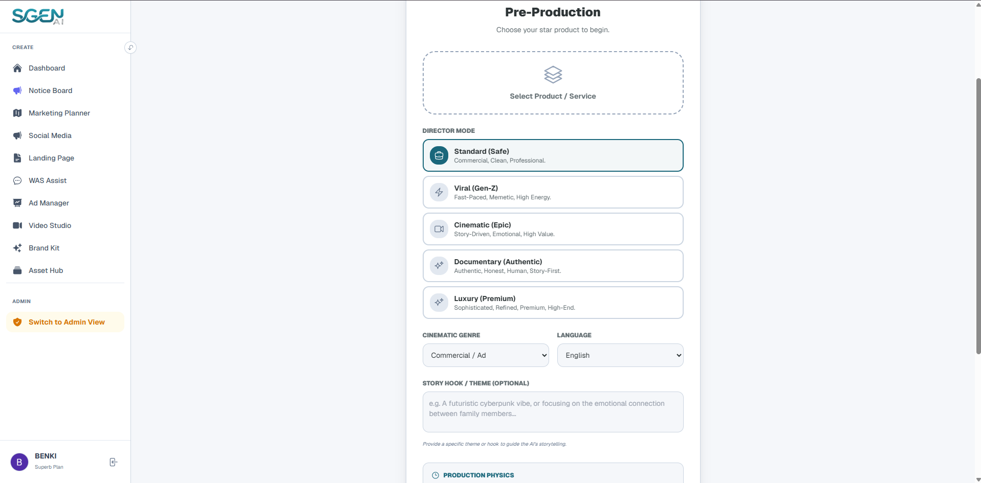 Cinematic Pre-Production Settings Form Layout